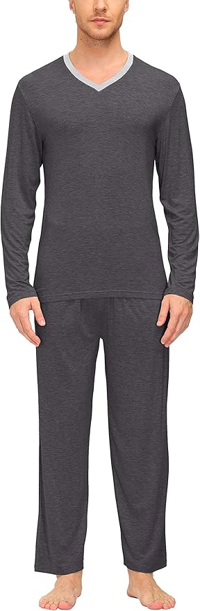 JINSHI Men's Pajama Sets Sleepwear Nightwear Lightweight Quick Dry Soft 2 Piece Long Sleeve Mens Loungewear Sets with Pocket