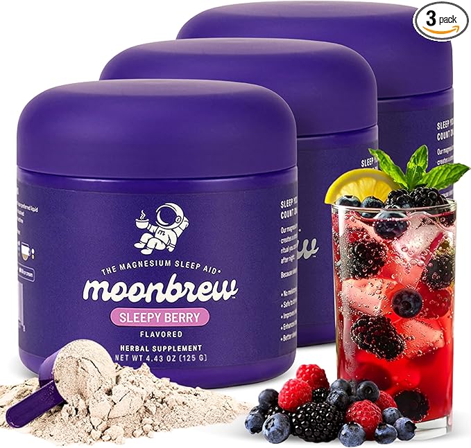 MoonBrew Nighttime Magnesium Sleepy Berry Smoothie, Natural Sleep Aid Drink Mix for Adults, 3-Pack - Calming Melatonin-Free Sleep Support with L-Theanine, Chamomile & Zinc Glycinate - 75 Servings