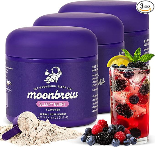MoonBrew Nighttime Magnesium Sleepy Berry Smoothie, Natural Sleep Aid Drink Mix for Adults, 3-Pack - Calming Melatonin-Free Sleep Support with L-Theanine, Chamomile & Zinc Glycinate - 75 Servings