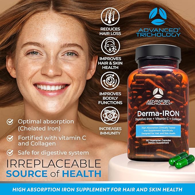 Derma-Iron Supplement for Women and Men - Iron blood builder pills for hair and skin with Collagen and natural Vitamin C, low iron and ferritin, thinning hair, hair loss support