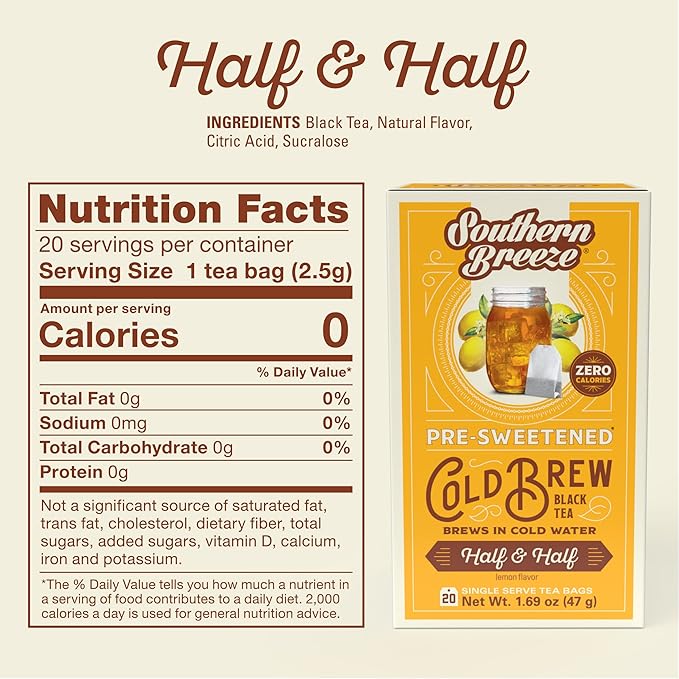 Southern Breeze Cold Brew Sweet Tea Half and Half Iced Tea with Black Tea and Zero Carbs Zero Sugar, 20 Individually Wrapped Tea Bags, Pack of 4