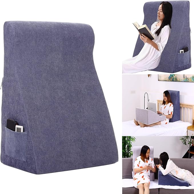 Bed Reading Pillow - Sofa Bed Wedge Pillow - Post-Op Recovery Backrest Pillow - Working Lumbar Support Reading Pillow with Removable Pillowcase Dark Blue 27x20x12in