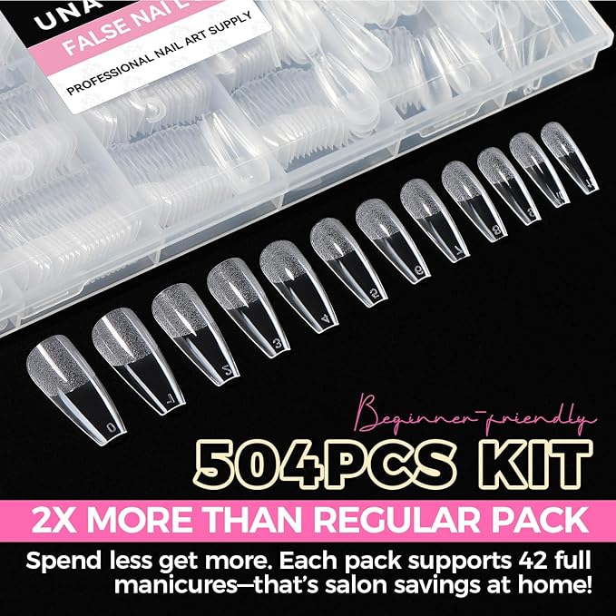 UNA GELLA Long Coffin Nail Tips, 504pcs Pre-Shape Fake Nails Half Matte Full Cover Acrylic Gel Nail Tips Clear Long Coffin Press On Nails Home DIY Extension 12 Sizes Gelly Tips