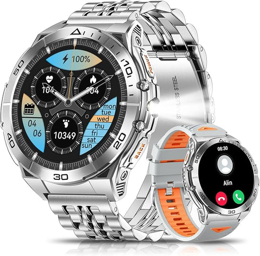 Military Smart Watches for Men with Bluetooth Call, 1.6" AMOLED Waterproof Smartwatch with Flashlight, 116 Sport Modes, 600mAh Heart Rate/SpO2/Sleep Monitor Fitness Tracker for Android iOS