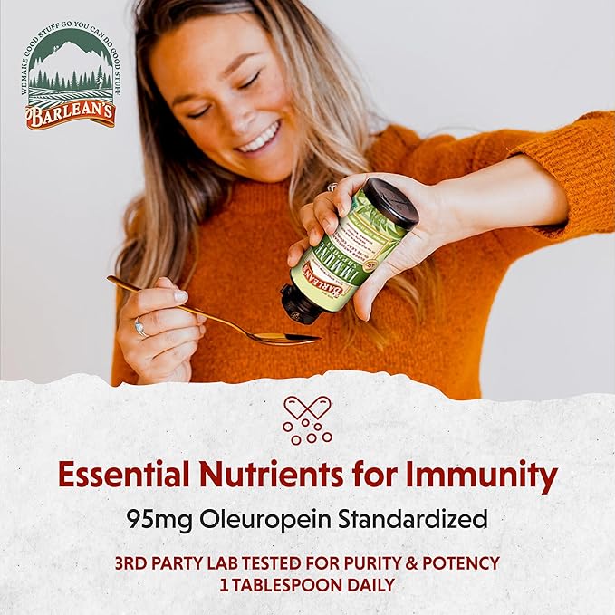 Barlean's Olive Leaf Complex Liquid Immune Support Supplement with 95mg Oleuropein Antioxidants for Seasonal Wellness, Heart Health, & Immune System Booster, 16 Ounce