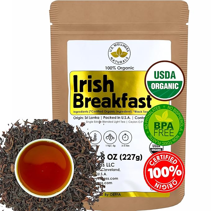 U.S. Wellness Naturals Irish Breakfast Tea, SMOOTH, RICH & WELL-ROUNDED loose leaf tea, 110+ cups, 8oz, 100% ORGANIC CEYLON (2 Estate Blend), fresh new harvest, OP grade tea