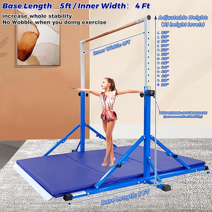 Gymnastic Bar for Kid and Teenage Ages 3-25, 5 FT / 6 FT Base Length, 5 FT / 6 FT Height, Gymnastic Kip Bar Horizontal Bar for Gymnast, Gymnastic Training Equipment for Home and Club Use