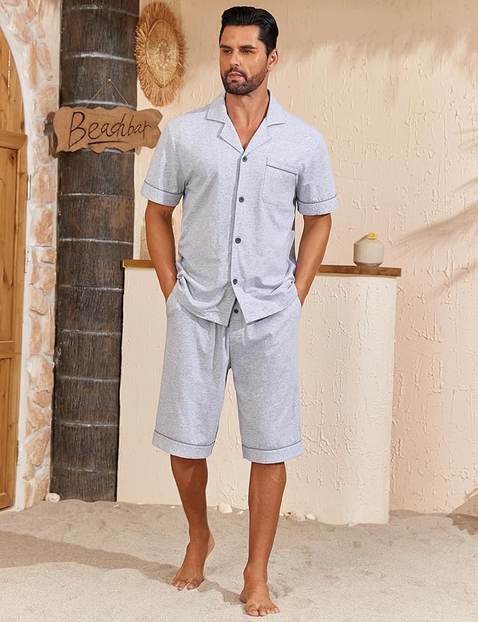COLORFULLEAF Men's 100% Cotton Short Sleeve Pajama Sets Button Down Notched Collar Sleepwear Soft Lounge Pjs with Pockets