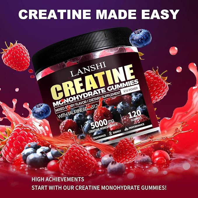 Creatine Monohydrate Gummies 5000mg - Sugar Free Pre Workout Supplement for Men & Women, Creatine Gummies for Muscle, Strength, Recovery, Cognitive Health & Memory, Mixed Berry Flavor, 120 Count