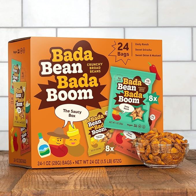 Enlightened Bada Bean Bada Boom - Plant-Based Protein, Gluten Free, Vegan, Crunchy Roasted Broad (Fava) Bean Snacks, 100 Calories per Serving, Saucy Box, 1 Oz (Pack of 24)
