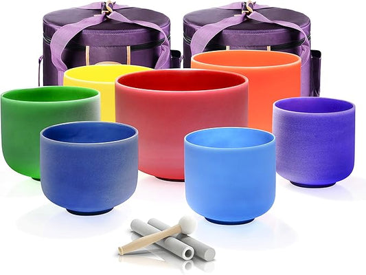 TOPFUND 7-12 inch Chakra Set of 7 Color Crystal Singing Bowls with Heavy Duty Carrying Cases and Mallets