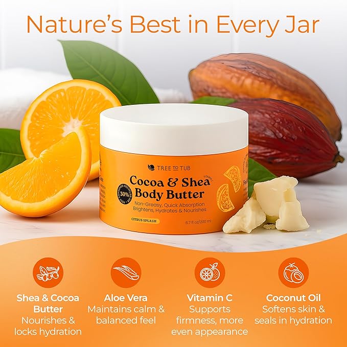 Tree to Tub Shea Body Butter for Dry, Extremely Dry, Sensitive Skin - Moisturizing Body Cream for Women & Men, Hydrating Body Lotion Moisturizer w/Vitamin C, Organic Cocoa, All Natural Citrus Scent