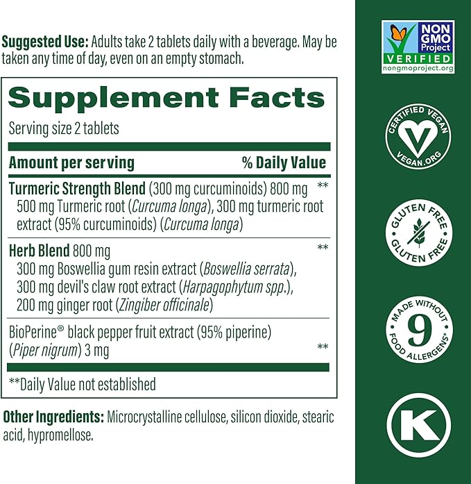 MegaFood Turmeric Curcumin Extra Strength - Joint Support Supplement - Turmeric Curcumin with Black Pepper & Boswellia Extract - Vegan - Made Without 9 Food Allergens - 60 Tabs (30 Servings)