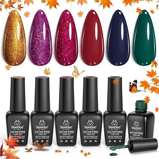 Beetles Christmas Gel Nail Polish, 6 Colors Winter Burgundy Red Glitter Gold Green Gel Polish, Soak Off Uv Nail Lamp Cured Holiday Nail Gel DIY Home Manicure Kit Gifts for Women