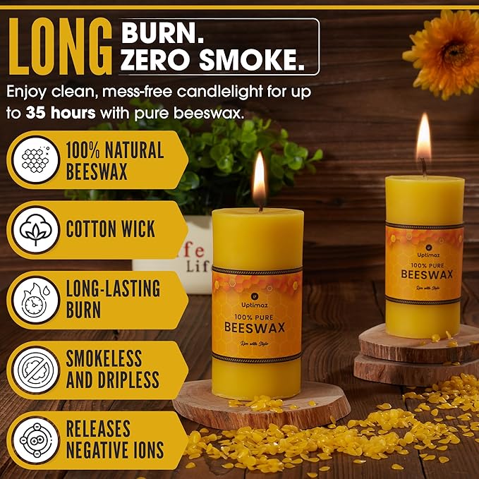 Beeswax Pillar Candles Set of 4, 2x4 Inch, 100% Beeswax Candle with Cotton Wick, Long Burning, Dripless Candle Bees Wax for Home, Décor, Prayer, Emergency