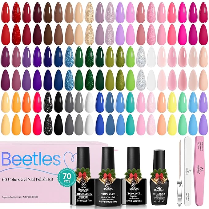 Beetles Winter Gel Nail Polish Set, 70 PCS 60 Colors Red Green Pink Brown Blue Nude Glitter Gel Nail Polish Kit with Base Top Coat for Beginners UV LED Needed DIY Salon Christmas Gifts for Women
