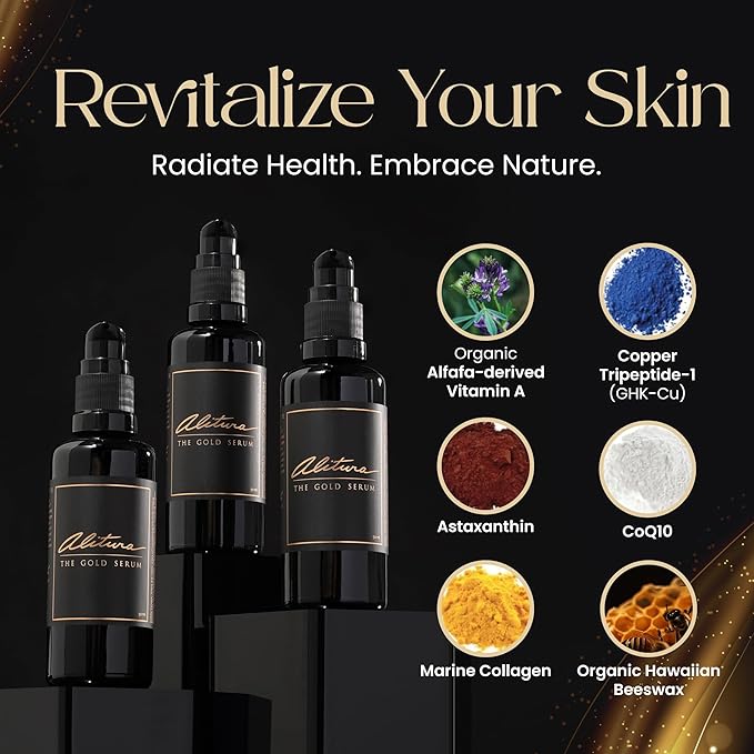 Alitura Anti-Aging Peptide & Collagen Gold Serum for Face – with Vitamin A, CoQ10 & Astaxanthin – Korean-Inspired Hydrating Serum for Wrinkles, Radiance & Firmness – 100ml