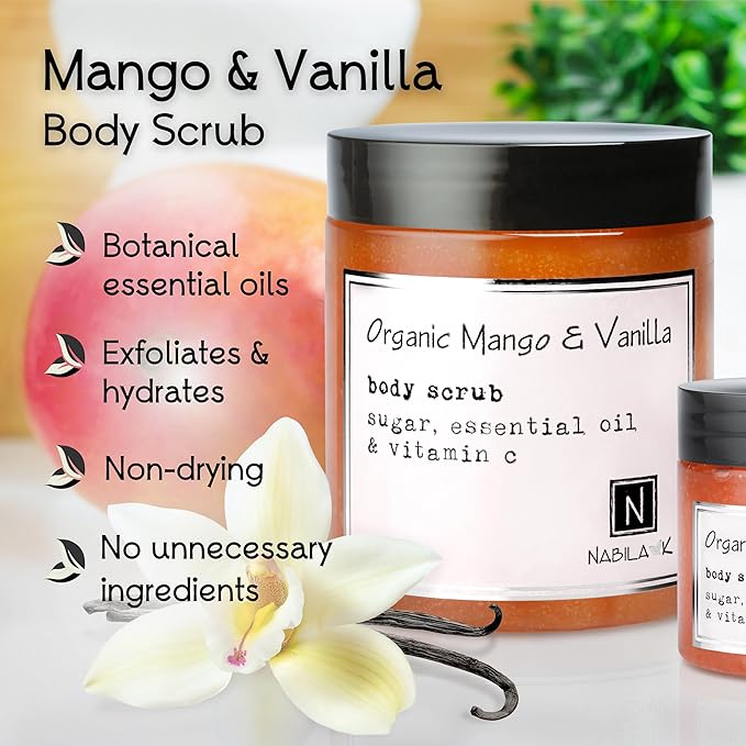 Organic Mango & Vanilla Body Scrub Made in USA with Essential Oil and Vitamin C by Nabila K - Exfoliate and Moisturize for Smooth Skin - Luxury for Women & Men, 3 oz