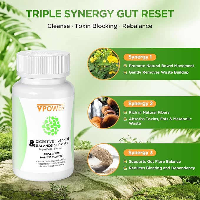 Colon Cleanse Detox Supplement – Triple Action Digestive Wellness, Natural Gut Support for Bloating & Constipation Relief, with Senna, XOS & Probiotic Yeast, 60 Vegan Capsules for Women & Men
