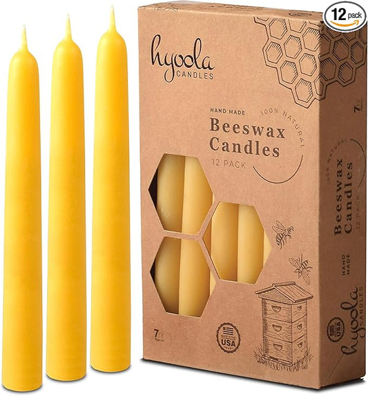 Hyoola 7 Inch Beeswax Taper Candles 12 Pack - Handmade, All Natural, 100% Pure Unscented Bee Wax Candle - Tall, Decorative, Golden Yellow - 7 Hour Burn Time