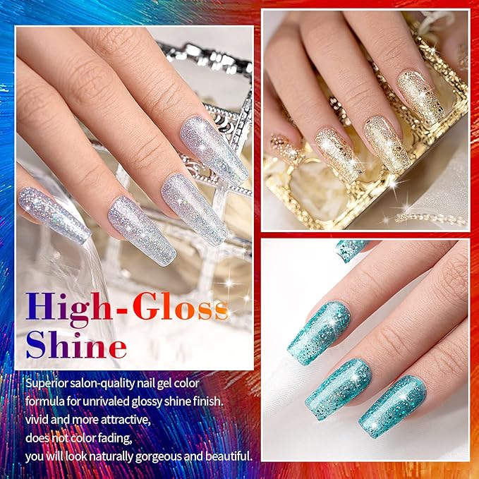 RARJSM Glitter Gel Nail Polish Set of 6 Colors Diamond Silver Sparkly Holographic Champagne Gold Iridescent Red Chunky Pigments Gel Polish Soak off Led UV Curing Required for Nail Salon Manicure