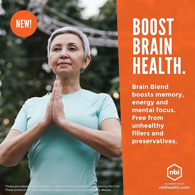 NBI Brain Blend for Memory, Focus, Concentration, Cognitive Function for Men & Women | Caffeine-Free with ALCAR, Alpha Lipoic Acid, Huperzine A, Turmeric | Nootropic | 120ct Capsules
