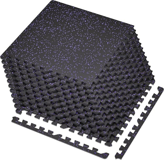 SUPERJARE 0.4'' Thick 12 Pcs 48 Sq Ft Rubber Top Exercise Equipment Mats, High Density EVA Foam Mats with Rubber Top, Interlocking Gym Flooring for Home Gym, Protective Workout Mat, Black/Purple