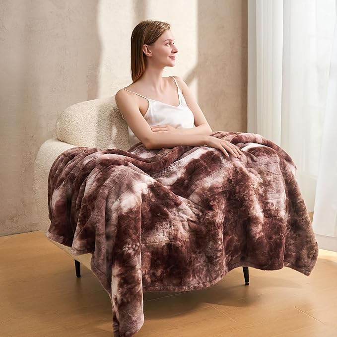 Electric Heated Blanket 90"x100",Luxury White Coffee Faux Fur Electric King Blanket,Fast Heating Soft Fluffy Thick Electric Blanket with 6 Heating Levels & 12H Auto Off