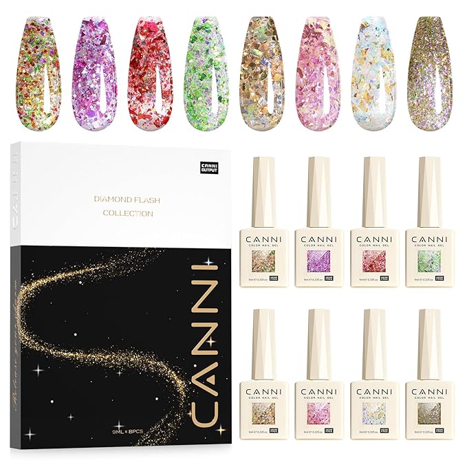 CANNI 8 Pcs 9 ML Glitter Gel Nail Polish Set, Shimmer Sparkly Red Shiny Pink Yellow Purple Blue Colors Gel Polish Kit Soak Off Led Nail Art Manicure Salon DIY