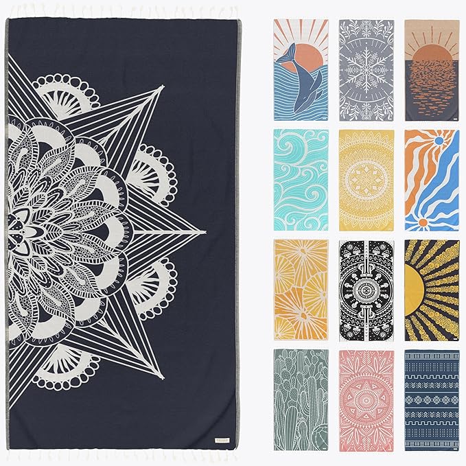 FESHKA Sand Proof Turkish Beach Towel – Oversized, Quick Dry & Lightweight Travel Towel - 100% Organic Cotton Beach Blanket - Perfect for Bath, Pool & Picnic | Frozen (Navy)