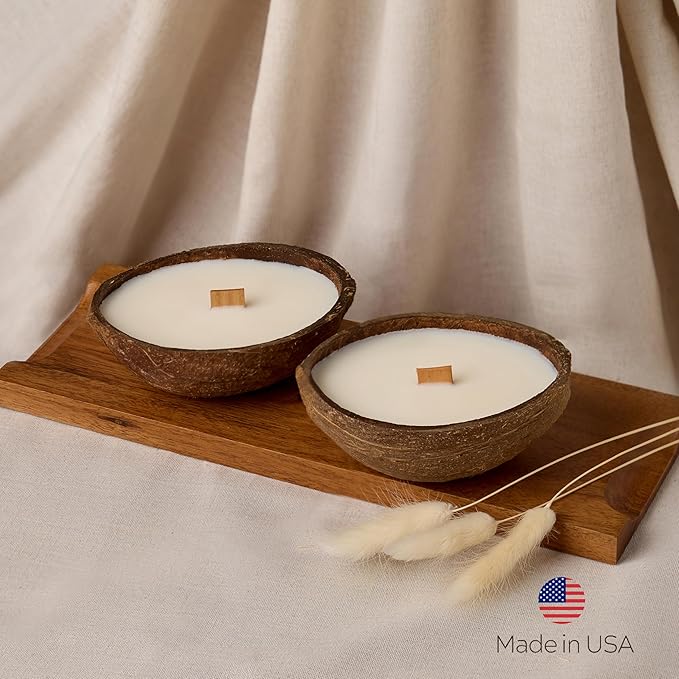 – Set of 2 Separate Scented Candles Clearance | Coconut Shell Soy Wax Candle with Wooden Wick | Candles for Home Décor | Gift Idea for Women (Coffee/Salted Caramel)