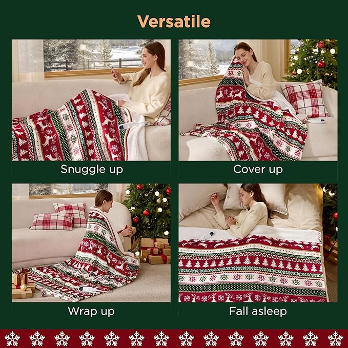 Bedsure Christmas Heated Blanket Throw - Soft Flannel Sherpa Electric Blanket with Fair Isle, with 6 Heating Levels, 4 Time Settings and 3-Hour Auto-Off, Heated Throw as a Gift (50x60 inches)
