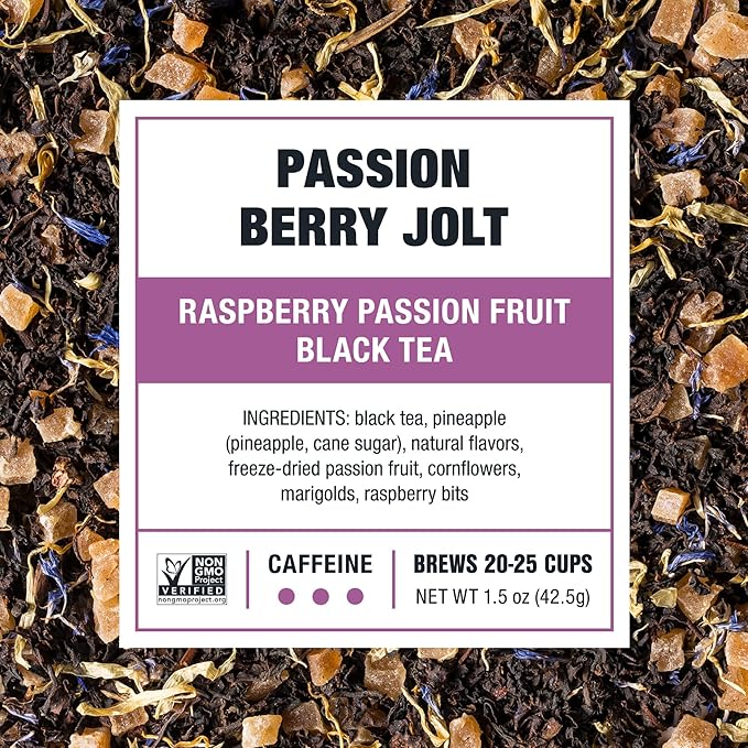Tiesta Tea Passion Berry Jolt, Premium Loose Leaf, Classic Black Tea Blends, Raspberry Passion Fruit Black Tea, High-Caffeine, Hot or Iced Brews Up to 25 Cups, 1.5 Ounce Resealable Pouch