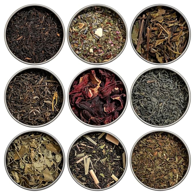 Heavenly Tea Leaves Organic 9 Flavor Variety Pack | Loose Leaf Tea Sampler (Approximately 90 Cups) | Premium Gift Set Assortment of Green, Herbal, Black & White Teas | Hot or Iced, High to No Caffeine