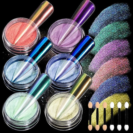 Chrome Nail Powder, 6 Colors Aurora Chrome Powder for Nails Pigment Iridescent Nail Powder Clear Nail Charms for Gel Polish Nail Art Decoration, Resin Craft, Nail Design, Nail Art Tools