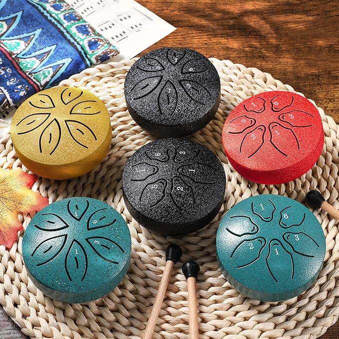 Facmogu Rain Drum for Outside, 6 Notes 3 Inch Steel Tongue Drum Rain Chime, Musical Rain Drum for Garden Yoga Meditation Zen, Mini Chakra Drum for Rain Outdoor w/Bag & Mallet - Red (Bowlling Pattern)