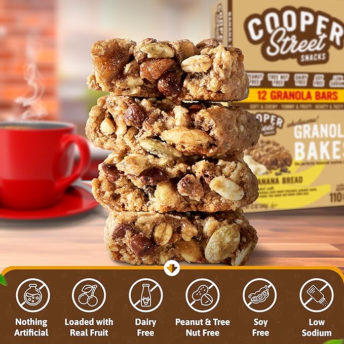 Cooper Street Banana Bread Granola Bakes (12 pack) - Individually Wrapped Soft and Chewy Breakfast Granola Bars - Nut, Dairy & Soy Free - Great As Kids Snacks For School, Hiking Or Work
