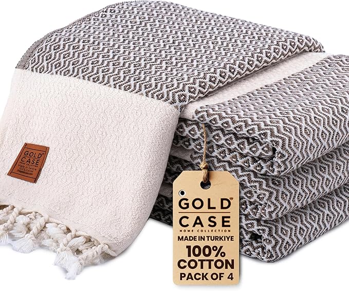 Gold CASE Turkish Beach Towel Set of 4 – 100% Cotton Large Turkish Bath Towels 67 x 38'' – Zeus Extra Large, Quick Dry & Sand Free Towels – Peshtemal for Pool – Brown