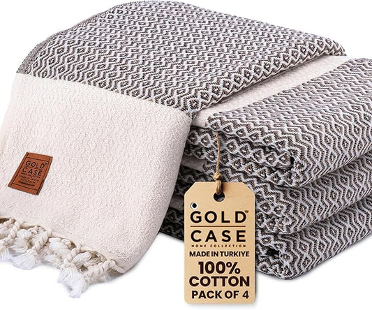 Gold CASE Turkish Beach Towel Set of 4 – 100% Cotton Large Turkish Bath Towels 67 x 38'' – Zeus Extra Large, Quick Dry & Sand Free Towels – Peshtemal for Pool – Brown