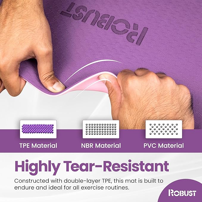 Robust Non-Slip Yoga Mat with Strap, 1/4" Thick TPE Eco-Friendly Workout Mat for Yoga with Position Lines and Texture Surface, Gym Mat for Women, Men, Pilates and Exercises Anti-Tear Sweat-Proof Exercise Mat