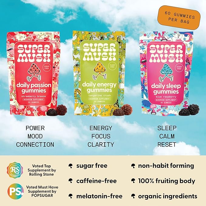 Daily Gummies (Trio Bundle) - Daily Passion, Energy, & Sleep - Mushroom Gummies - Natural, Organic, Vegan, & Sugar-Free Mushroom Supplement - Ashwagandha Supplements with Cordyceps