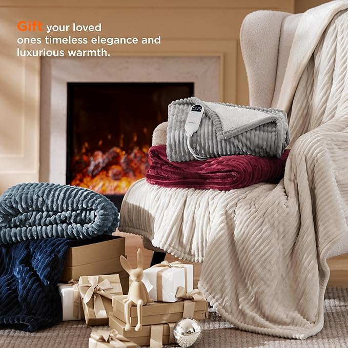 Bedsure GentleSoft Electric Blanket Twin - Soft Ribbed Flannel Heated Blanket, Heating with 10 Time Settings, 6 Heat Settings, and 8 hrs Timer Auto Shut Off, Gifts for Grandma (62x84 inches, Brown)