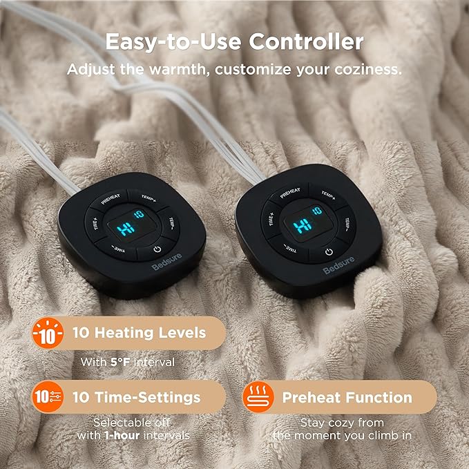 Bedsure Electric Blanket King Size - Thick Striped Flannel Electric Blanket with Dual Control, Heating with 10 Heat Settings & 10 Time Settings, 8 hrs Timer Auto Shut Off (90x100 inches, Linen)