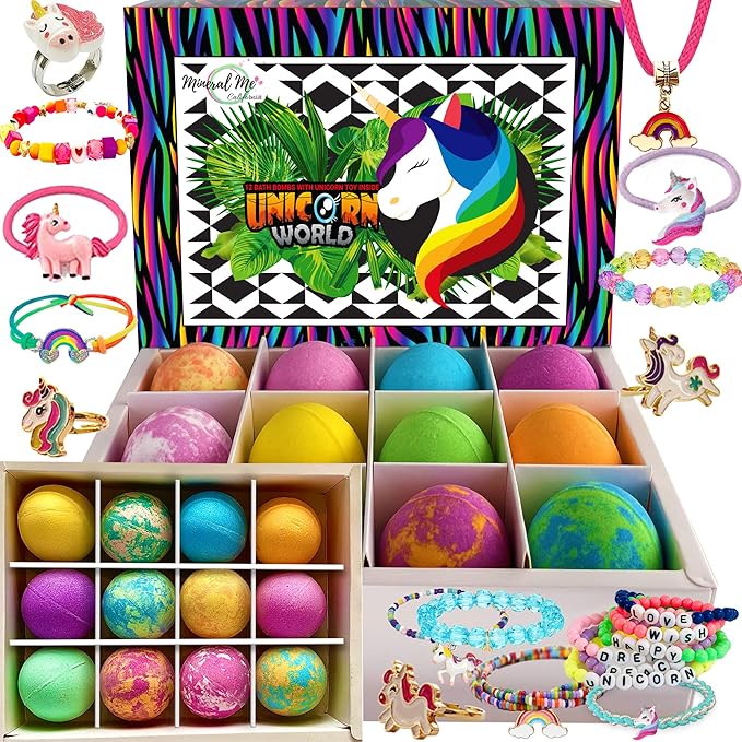 Mineral Me California Unicorn Bath Bombs for Girls with Jewelry Inside - Organic Bath Bombs for Kids with Surprise, Natural, Skin Moisturizing BathBombs, Rainbow Bubble Bath. Birthday Gifts - 12 pk