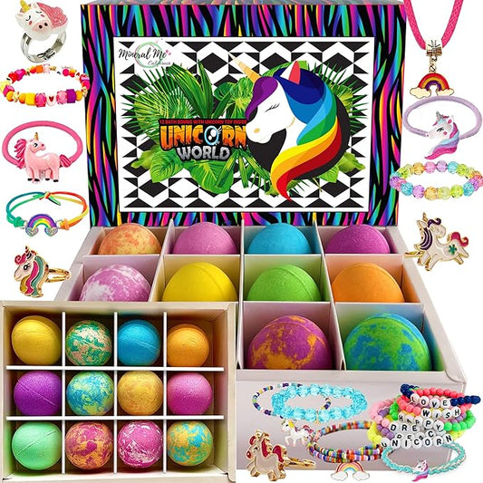 Mineral Me California Unicorn Bath Bombs for Girls with Jewelry Inside - Organic Bath Bombs for Kids with Surprise, Natural, Skin Moisturizing BathBombs, Rainbow Bubble Bath. Birthday Gifts - 12 pk