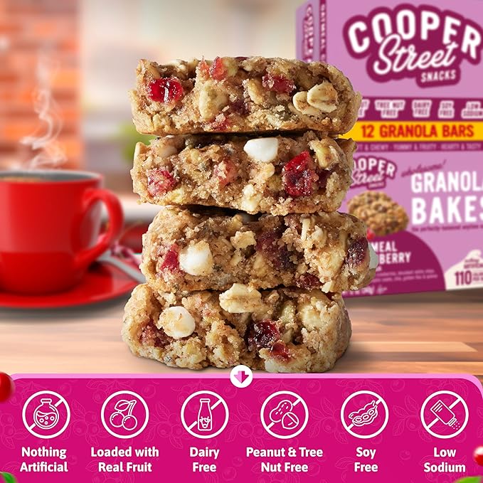 Cooper Street Oatmeal Cranberry Granola Bakes (12 pack) - Individually Wrapped Soft and Chewy Breakfast Granola Bars - Nut, Dairy & Soy Free - Great As Kids Snacks For School, Hiking Or Lunchbreak