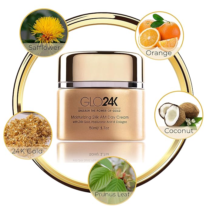 GLO24K Moisturizer Face Cream with 24K Gold, Vitamins – Collagen Retinol Hyaluronic Acid – Hyaluron Acid Cream for Hydration & Daily Skin Care, Day Cream