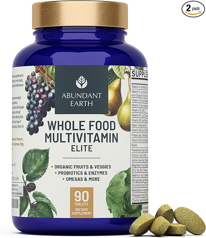 Abundant Earth Whole Food Multivitamin for Women Daily Multi Vitamins Supplements for Men Mens Multivitamins + B Complex, Probiotic Multi Enzyme, Omegas for Organic Energy Mood Digestion 90ct-2pk