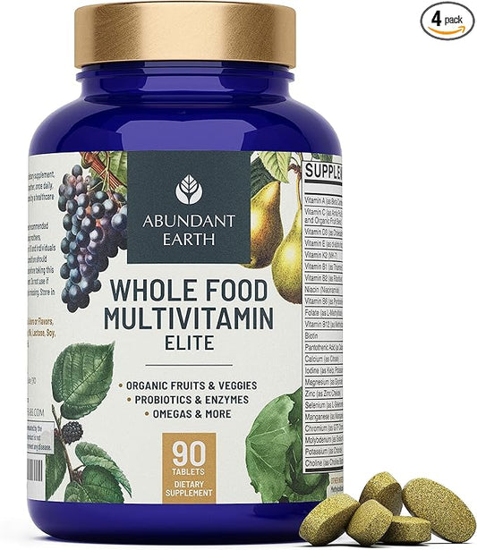 Abundant Earth Whole Food Multivitamin for Women Daily Multi Vitamins Supplements for Men Mens Multivitamins + B Complex, Probiotic Multi Enzyme, Omegas for Organic Energy Mood Digestion 90ct-4pk