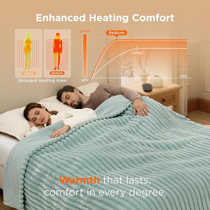 Bedsure Electric Blanket King Size - Thick Striped Flannel Electric Blanket with Dual Control, Heating with 10 Heat Settings & 10 Time Settings, 8 hrs Timer Auto Shut Off (90x100 inches, Green)